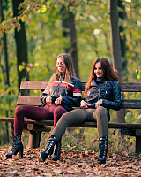 Jeny's autumn walk with her friend in colored seamless pantyhose